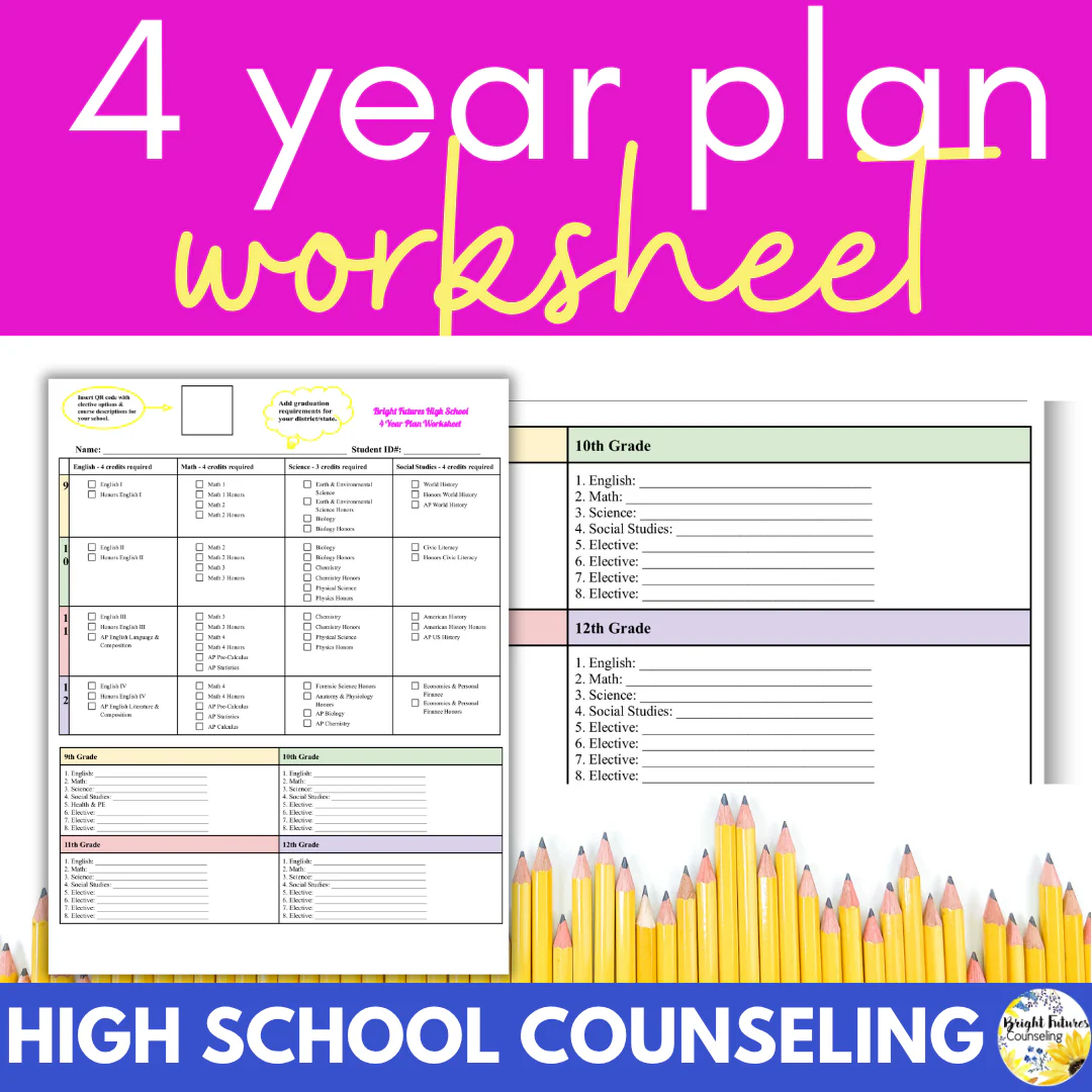 High School Counseling 4 Year Plan Worksheet for Course Selection and Tracking
