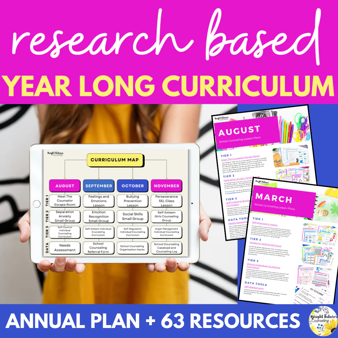 Research Based Year Long Elementary Counseling Curriculum with Editable Curriculum Map!